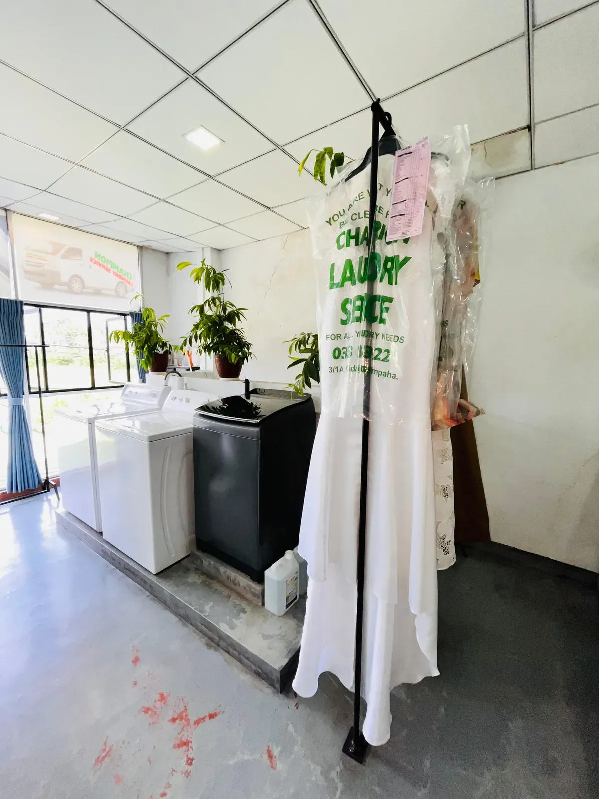 Freshly cleaned garments in Champion Laundry branded covers, ready for collection in Gampaha